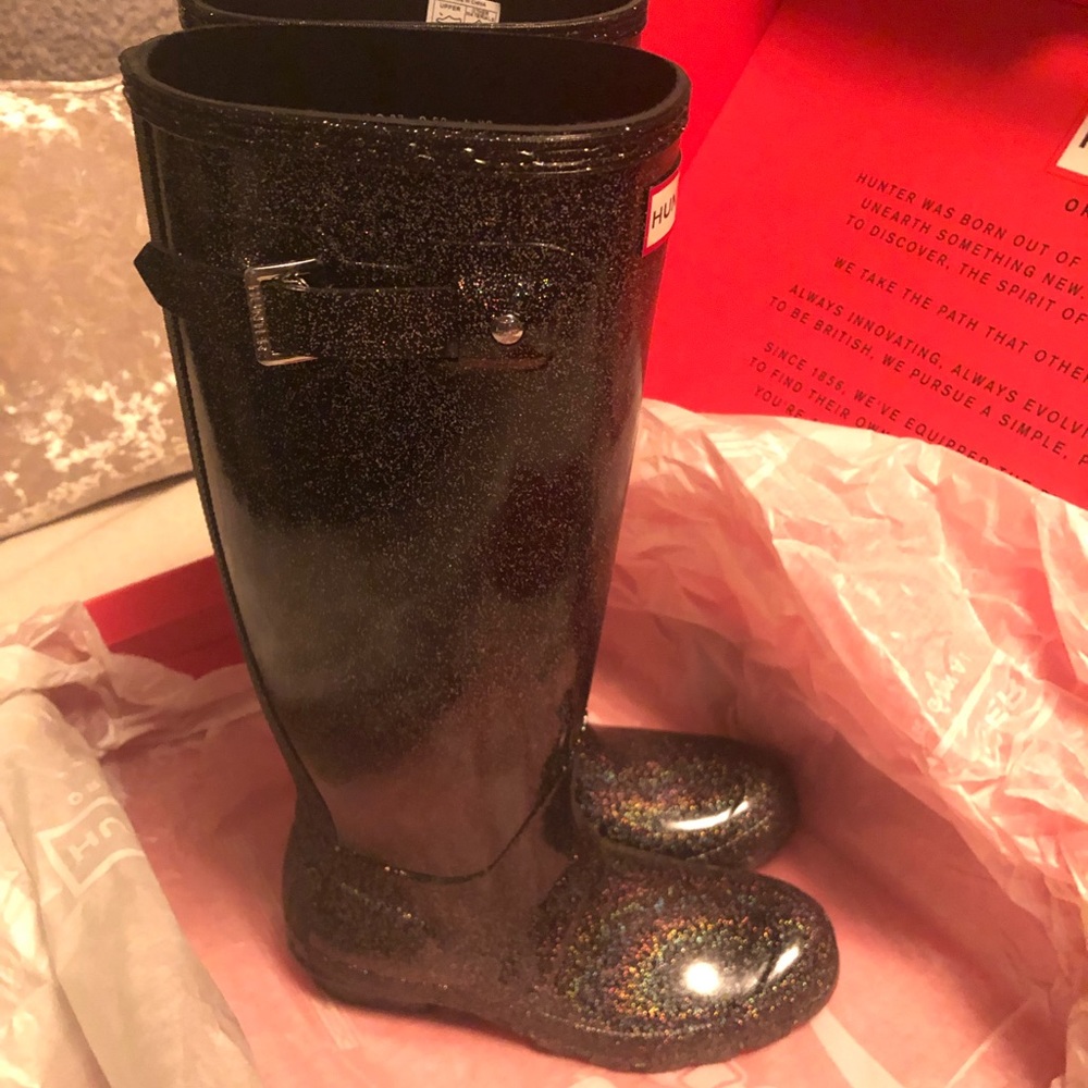 Authentic hunter rain boots black glitter